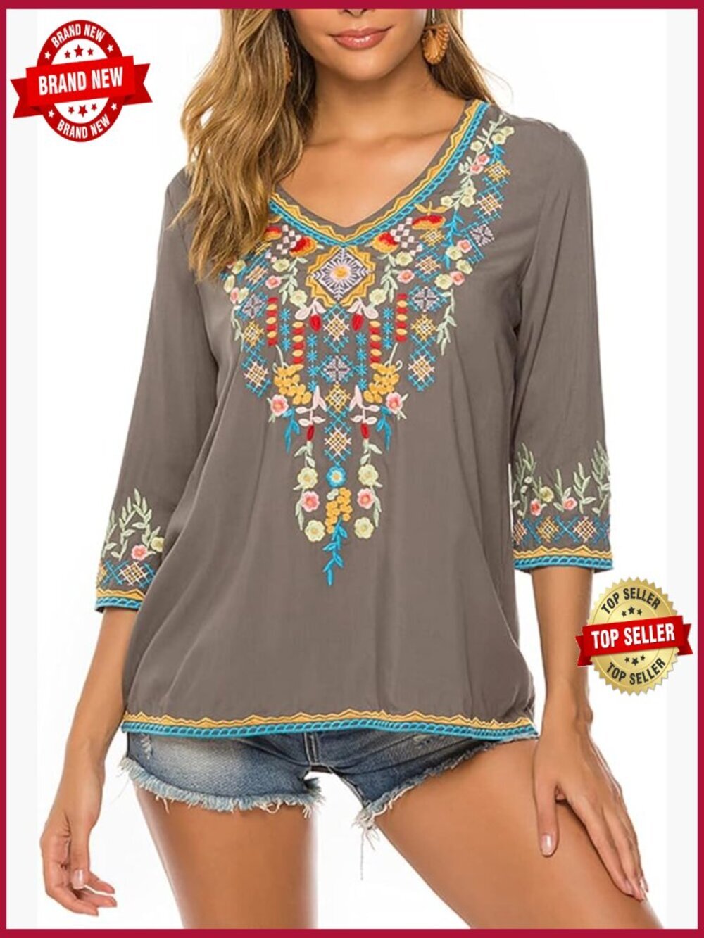 3/4 Sleeve Embroidered V Neck Peasant Tunic Blouse Flowy Top